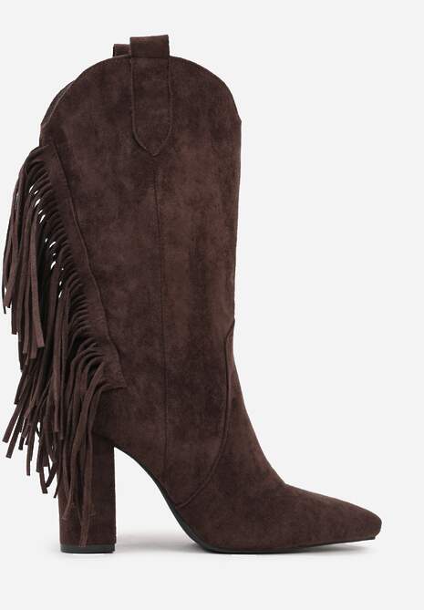 Brązowe Botki Kowbojki na Słupku Ozdobione Frędzlami Reikka