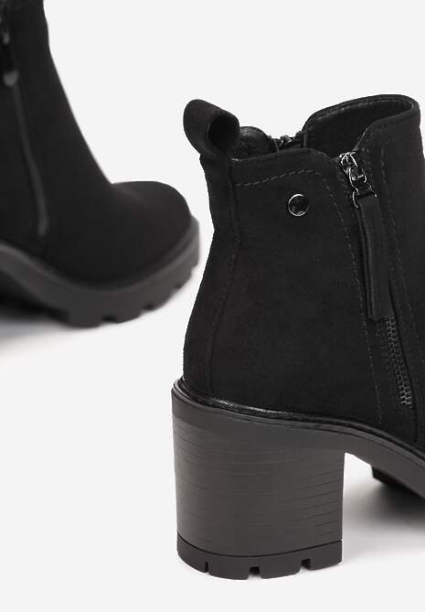 Czarne Botki na Słupku Boho z Suwakiem Kodra