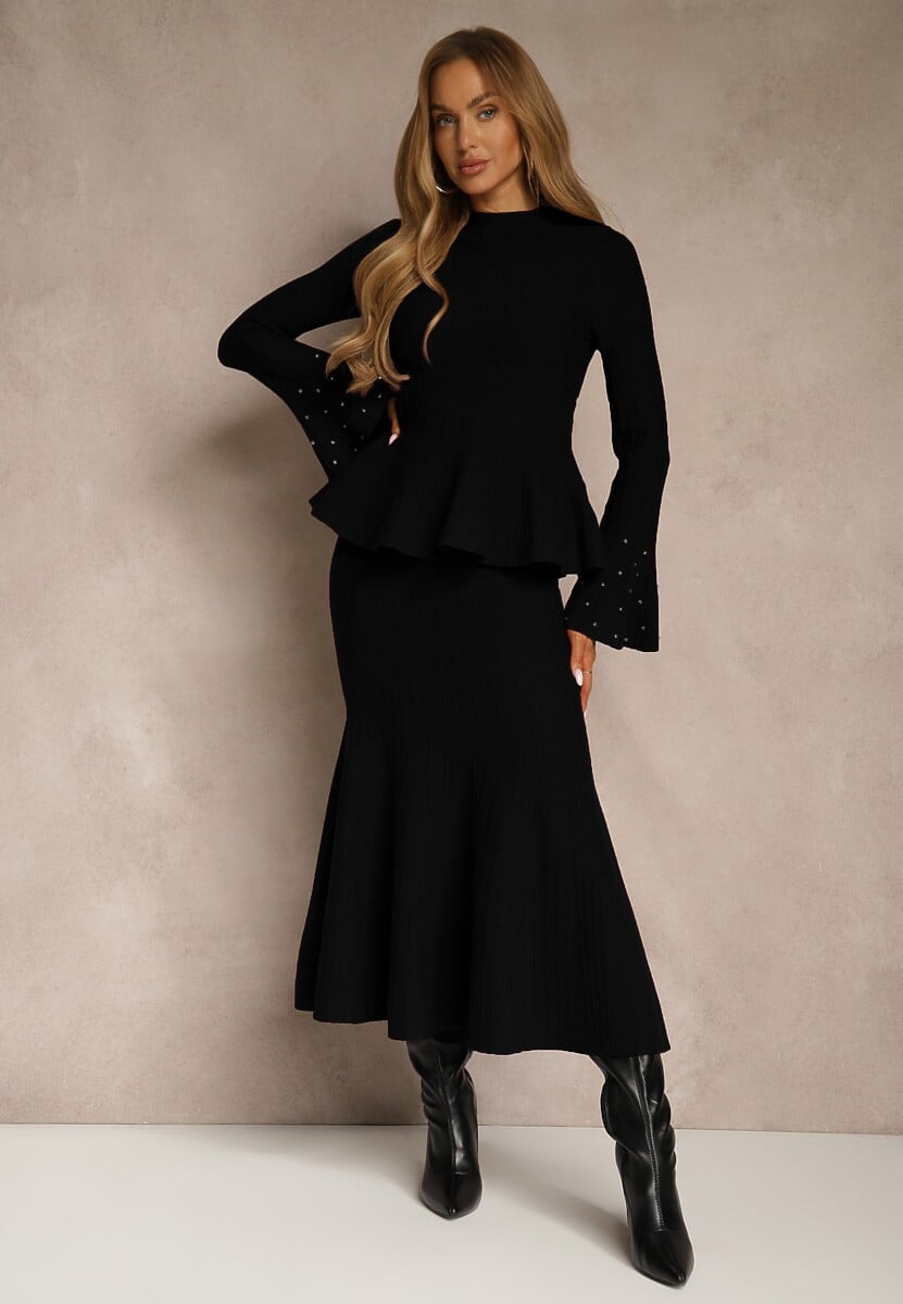 Bordowy Komplet z Dzianiny z Wiskozą Spódnica i Sweter z Baskinką i Cyrkoniami Nereza