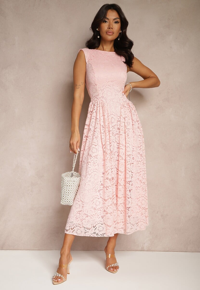 Różowa Rozkloszowana Sukienka z Koronki z Wycięciem na Plecach Meltewia