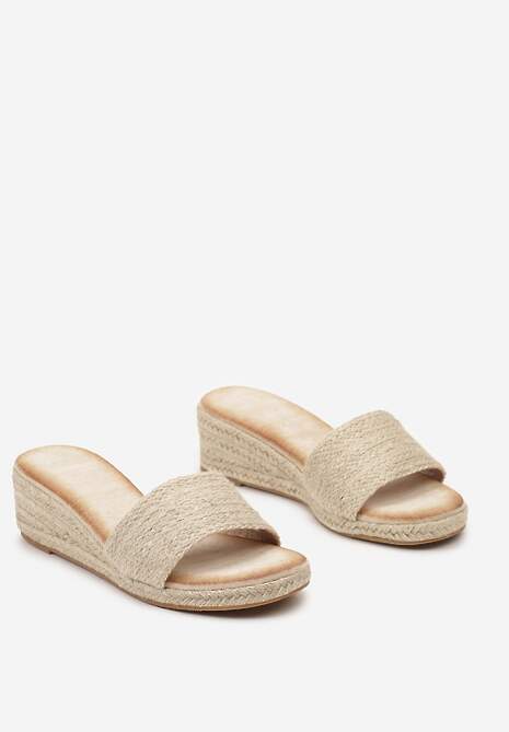 Beżowe Klapki z Paskiem i Koturnem z Plecionki Pomela