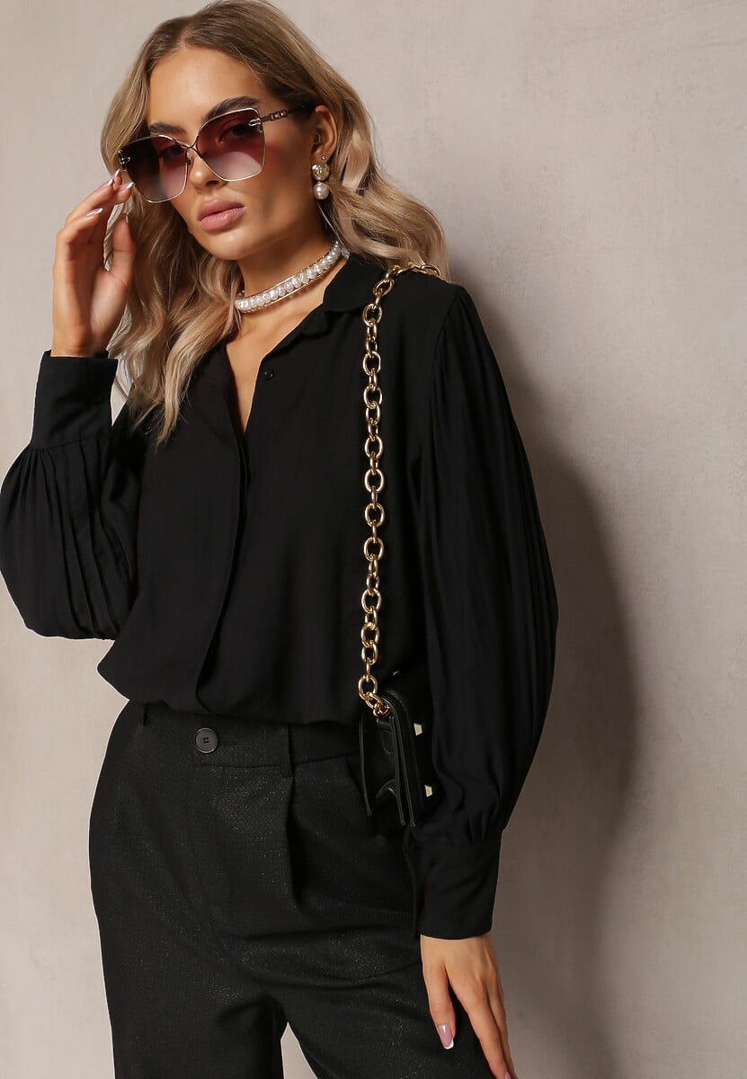 Czarna Koszula z Kołnierzykiem i Plisowanymi Rękawami Devla