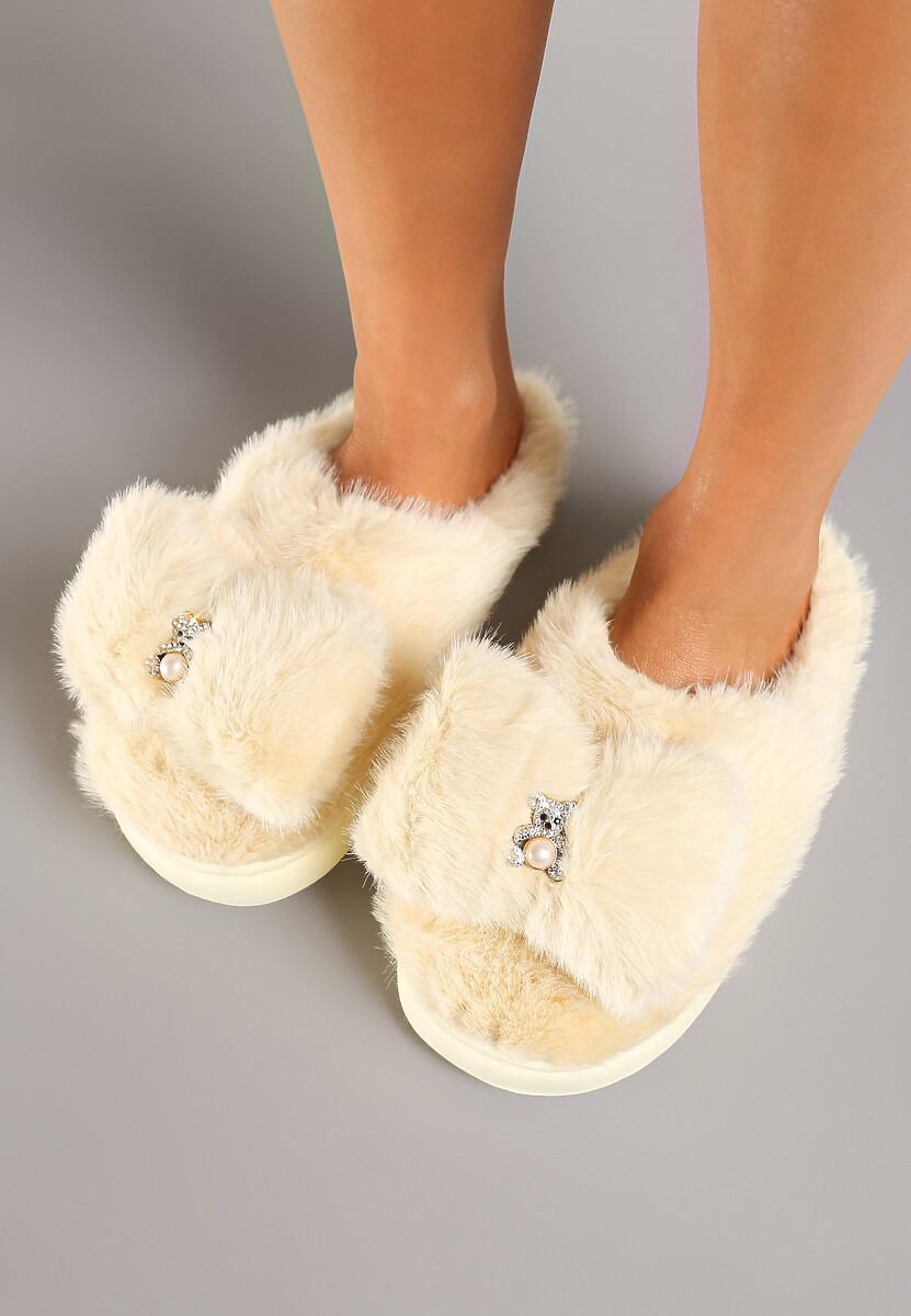 Żółte Futrzane Kapcie Ozdobione Misiem i Kokardą Tinatoria