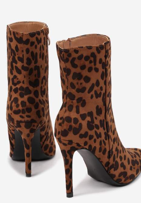 Brązowe Botki w Panterkę na Szpilce ze Szpiczastym Noskiem Glencora