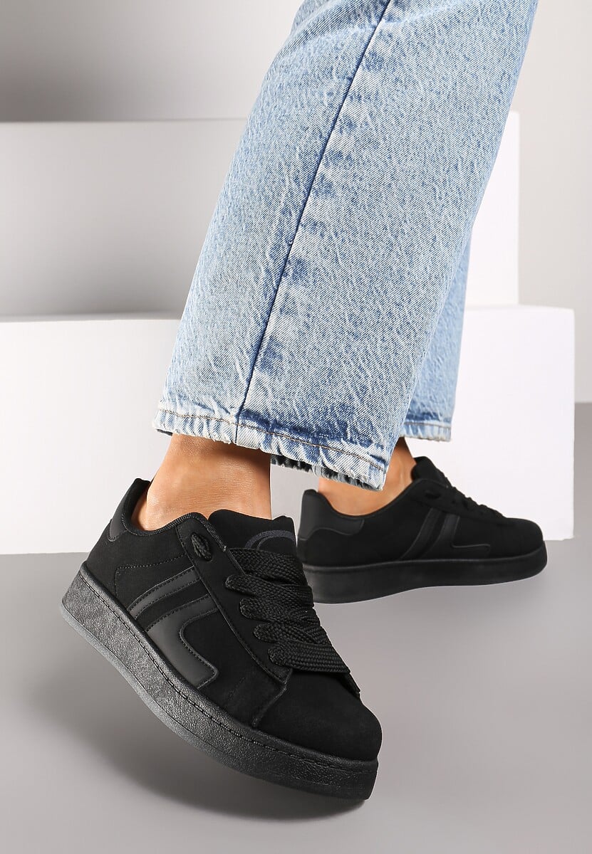 Czarne Płaskie Sneakersy Sznurowane z Paskami Artomi