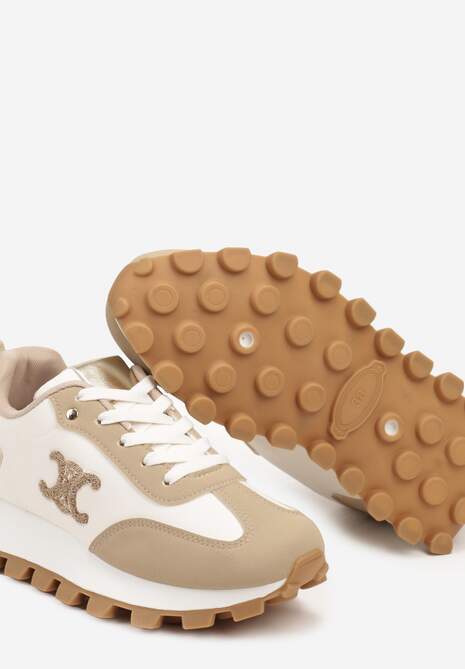 Ciemnobeżowe Sznurowane Sneakersy na Płaskiej Podeszwie Ozdobione Metalicznymi Aplikacjami Zetissa