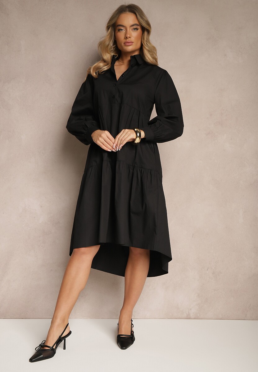Czarna Rozkloszowana Sukienka Koszulowa z Bawełny Paniell