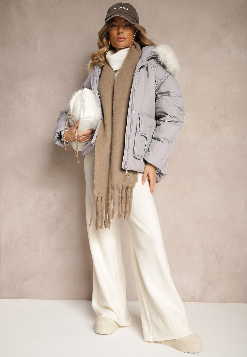 Jasnoszara Kurtka z Kieszeniami i Odpinanym Kołnierzem z Futerka Nomilaine