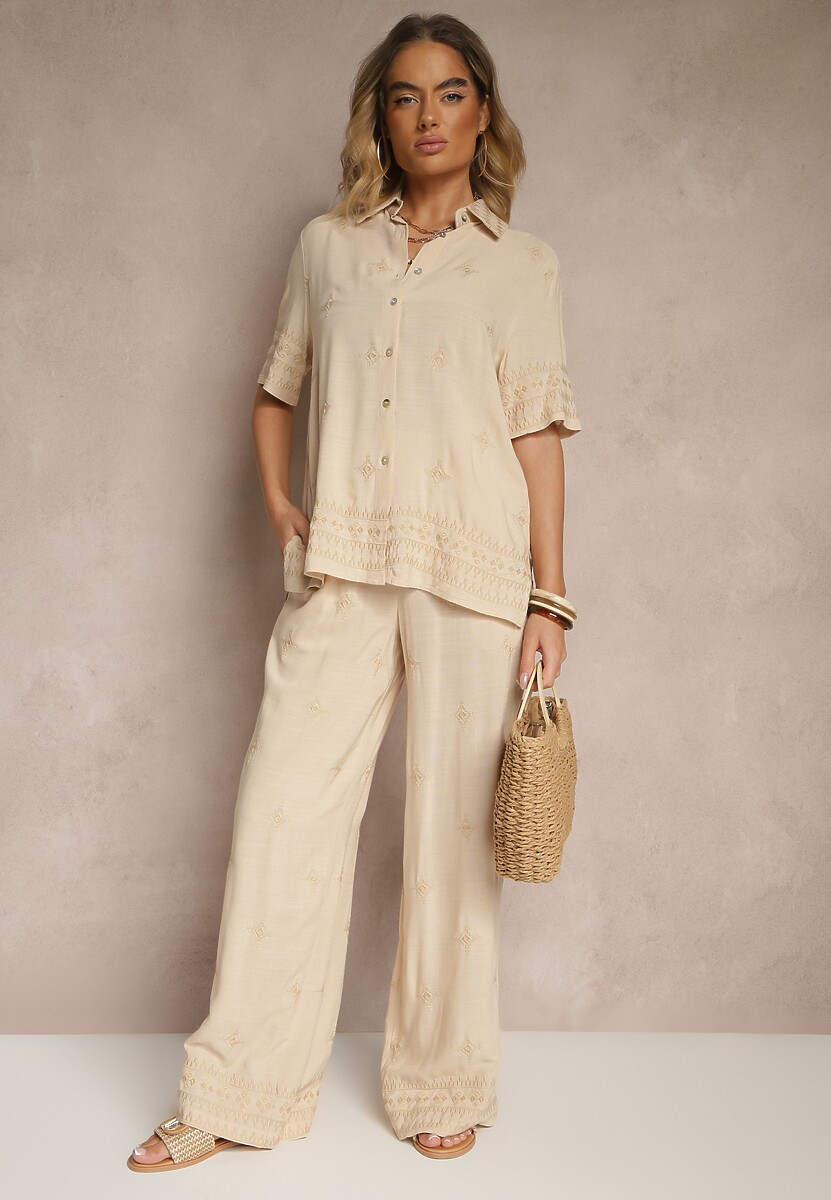 Biało-Beżowy Wiskozowy Komplet Oversize z Haftem Koszula i Spodnie Iffussa