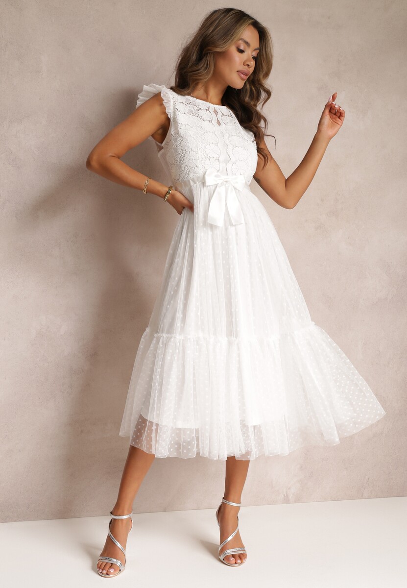 Beżowa Taliowana Sukienka z Tiulową Spódnicą i Górą z Koronki Darela