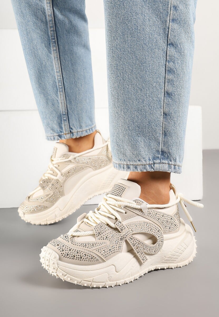 Beżowe Sneakersy z Cyrkoniami i Ozdobnym Sznurowaniem Sorvea
