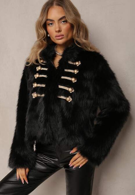Czarna Oversizowa Kurtka Futrzana z Metalicznymi Sznurkami i Guzikami Anephone