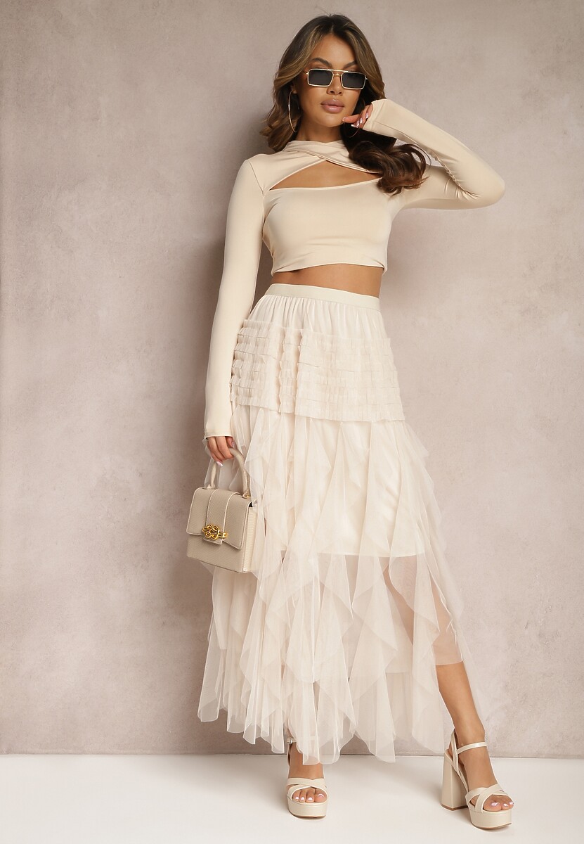 Jasnobeżowa Rozkloszowana Spódnica Maxi z Podszewką i Tiulem Esmerallda