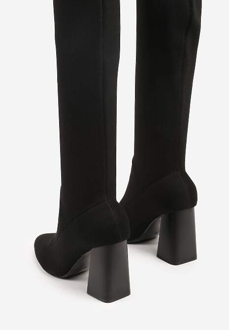 Czarne Kozaki Vices za Kolano na Słupku ze Skarpetkową Cholewką Neliannea