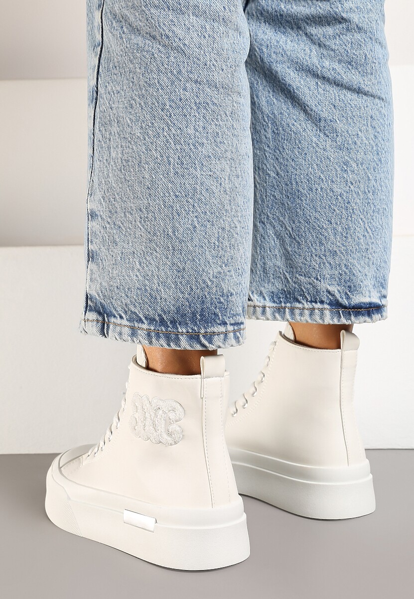 Białe Trampki za Kostkę na Platformie z Ozdobną Wstawką Mesidra
