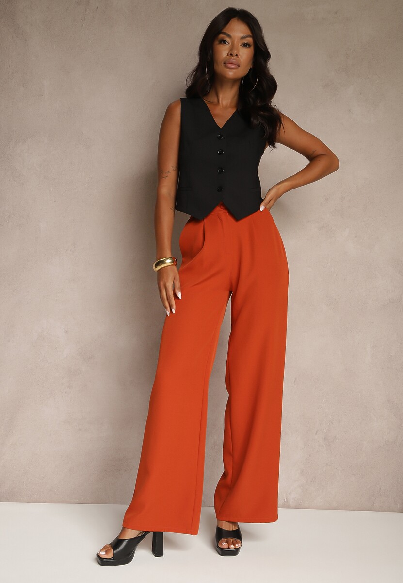 Jasnobrązowe Szerokie Spodnie High Waist z Gumką w Pasie Eternel