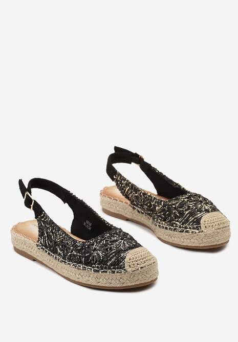 Czarne Ażurowe Espadryle z Odkrytą Piętą i Plecionką na Podeszwie Sanioma