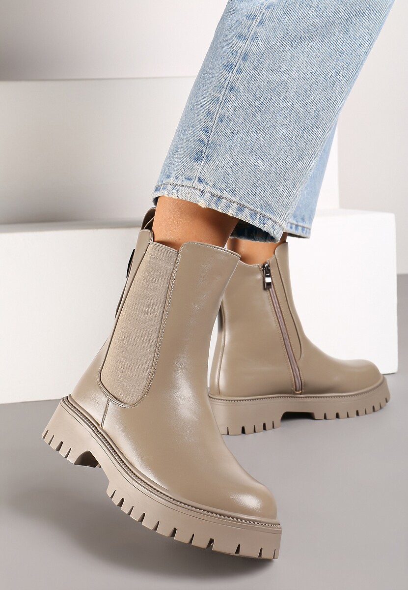 Beżowo-Szare Botki Sztyblety na Platformie Ozdobionej Tłoczeniem z Gumką Naritana