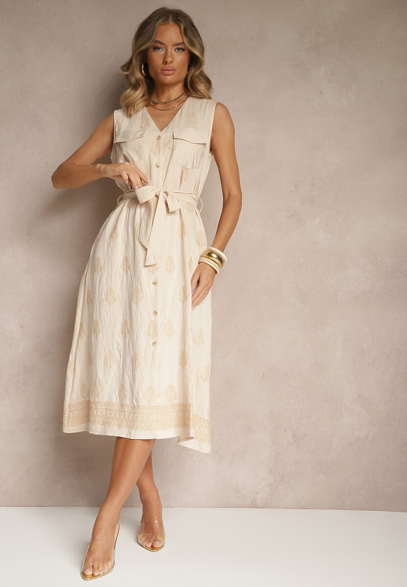 Biała Koszulowa Sukienka z Wiskozy Ozdobiona Paskiem i Haftami Aralova