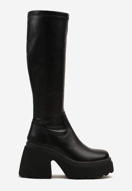 Czarne Kozaki na Słupku i Platformie z Dopasowaną Cholewką Avelgissa