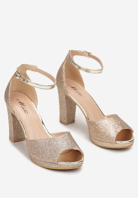 Złote Sandały na Słupkowym Obcasie z Brokatem Sconis