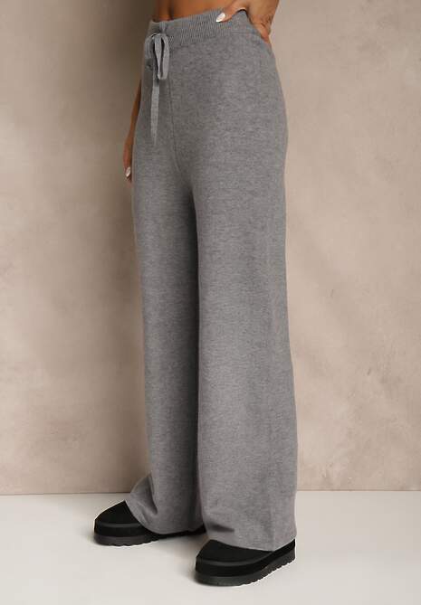 Szary Komplet z Dzianiny z Wełną Długi Kardigan Kamizelka i Spodnie Netivia