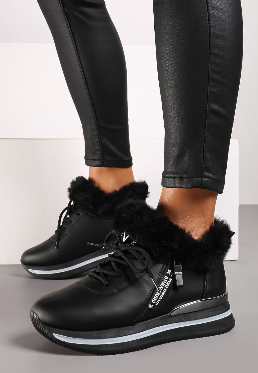 Czarne Sznurowane Botki Sneakersy z Futerkiem Gameda