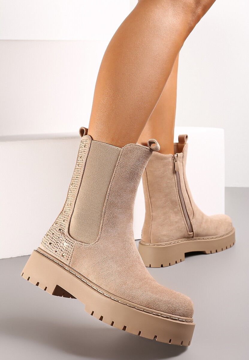 Ciemnobeżowe Botki Sztyblety Grunge na Platformie z Brokatową Wstawką Dugan