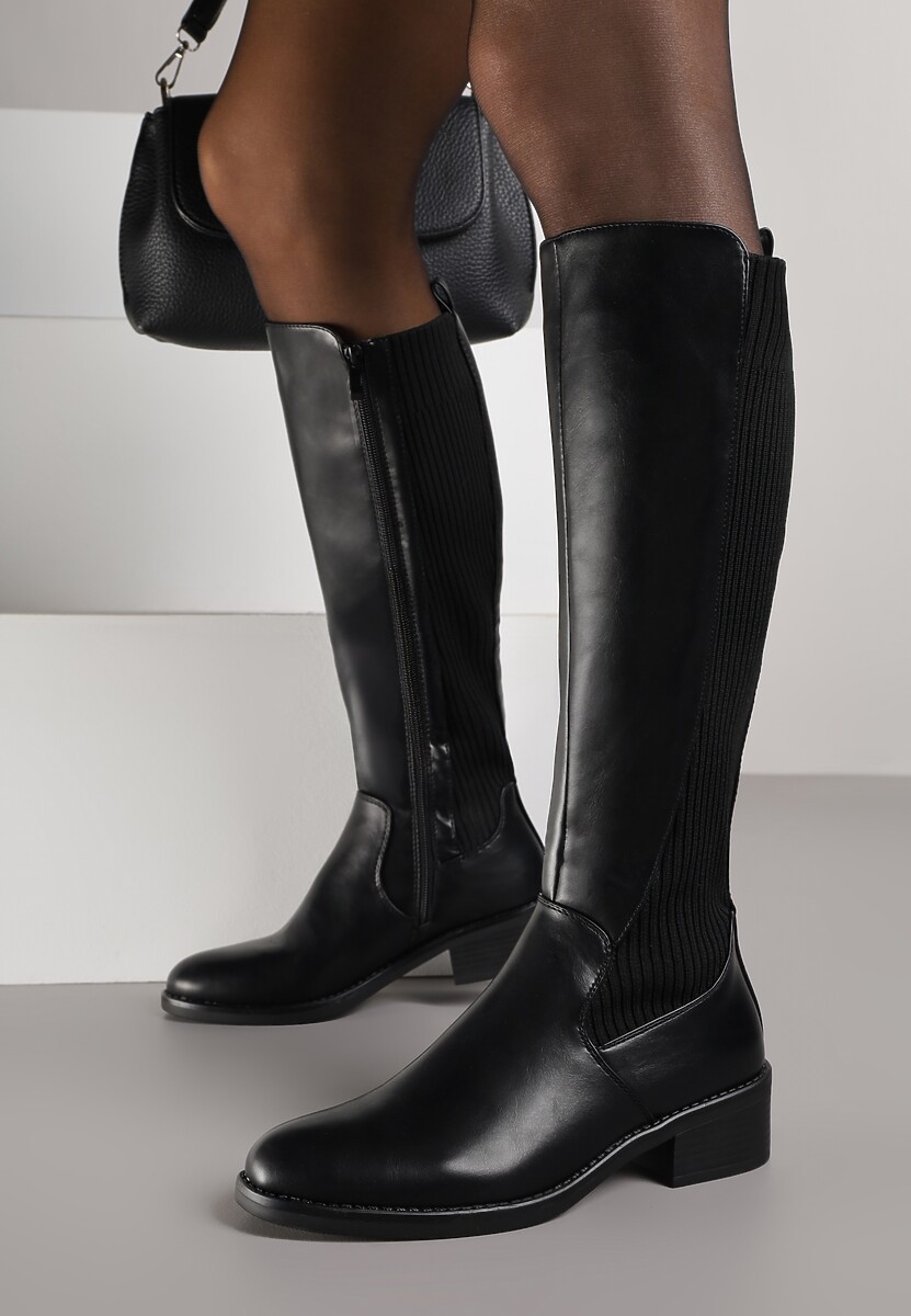 Czarne Casualowe Kozaki Typu Muszkieterki na Płaskiej Podeszwie Belissae