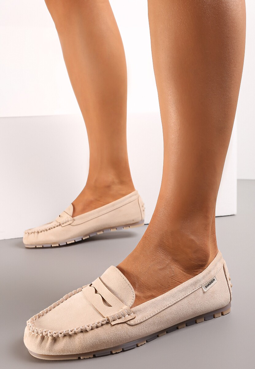 Beżowe Mokasyny z Przeszyciami i Wkładką ze Skóry Naturalnej Isotta