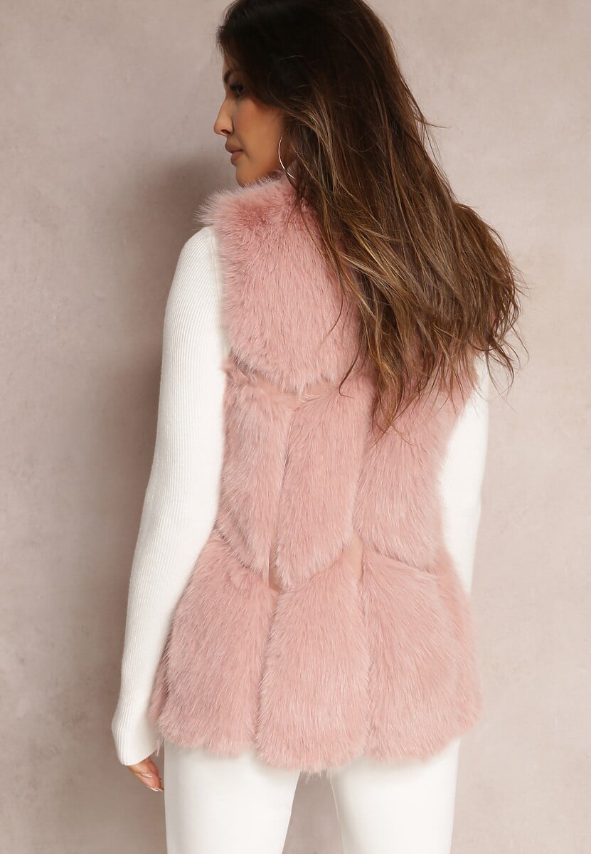 Różowa Futrzana Kamizelka z Wstawkami z Ekoskóry Lewja
