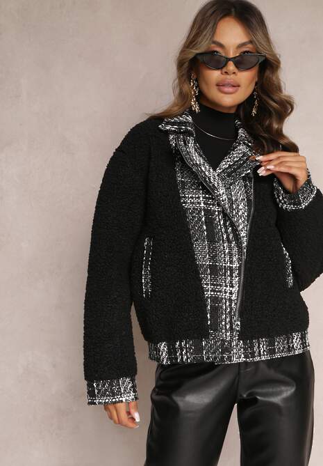 Czarna Kurtka Oversize z Futerka Baranek Lesova