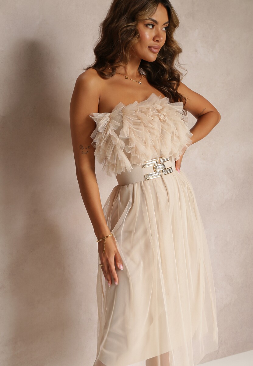 Beżowa Tiulowa Sukienka bez Ramiączek z Falbankami Tremone