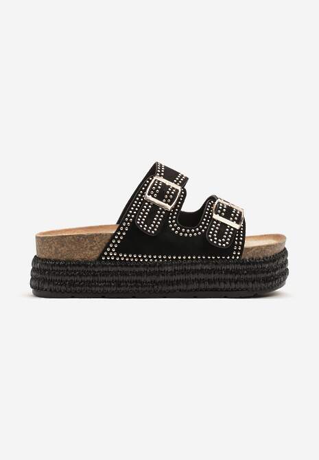 Czarne Klapki z Regulowanymi Paskami na Grubej Podeszwie z Plecionką Udiriva