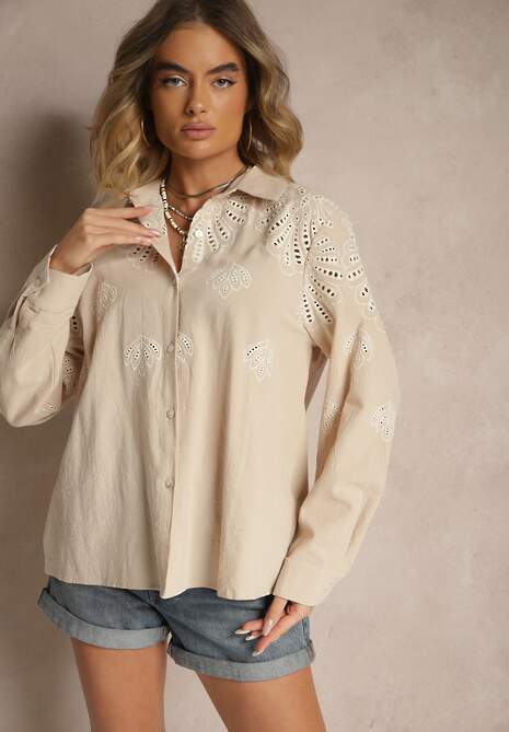 Beżowa Koszula z Bawełny Zdobiona Haftem z Ażurowymi Wycięciami Nevorelle
