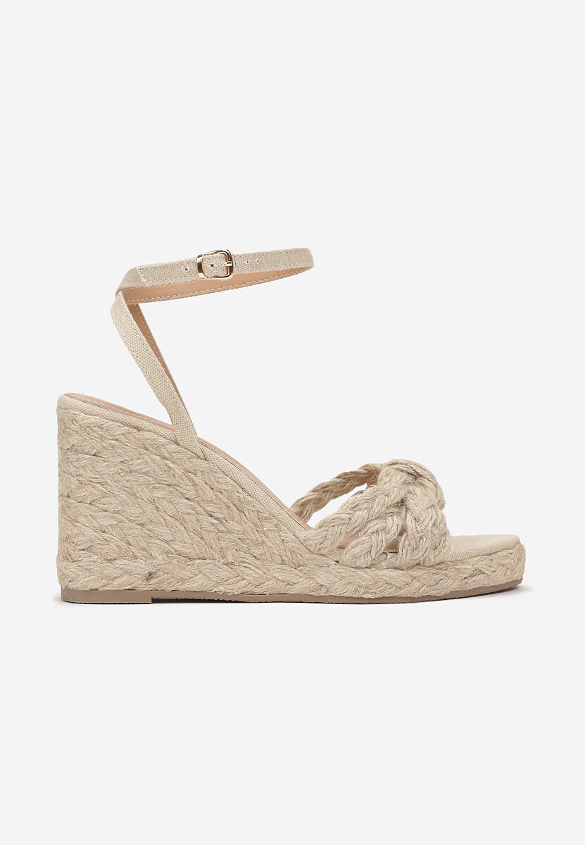 Beżowe Sandały na Koturnie z Plecionki Konzisa
