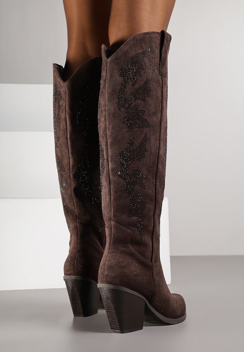 Brązowe Kozaki Kowbojki na Stożkowym Obcasie z Aplikacją z Cyrkoniami Zevrine