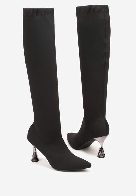 Czarne Kozaki Vices ze Skarpetkową Cholewką na Klepsydrze z Cyrkoniami Gioluna