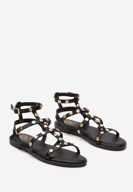 Czarne Sandały Typu Rzymianki Ozdobione Nitami Hubedia