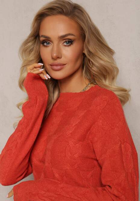 Pomarańczowy Warkoczowy Sweter z Długim Rękawem i Ściągaczami Kaviss