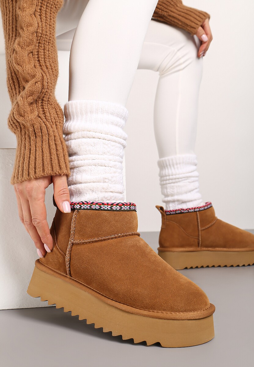 Brązowe Śniegowce na Platformie ze Skóry Naturalnej Ozdobione Haftem Narisha