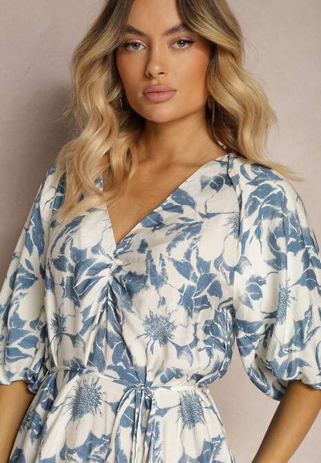 Niebiesko-Biała Wiskozowa Sukienka Wiązana w Talii z Ozdobnymi Rękawami Nanea