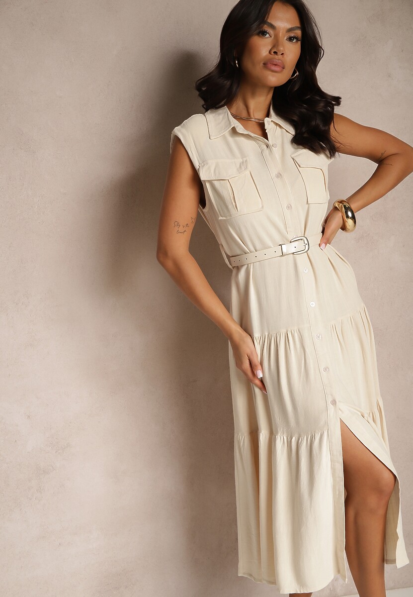 Czarna Wiskozowa Sukienka Koszulowa z Bawełną i Paskiem Artebia