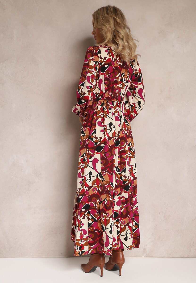 Bordowa Maxi Rozkloszowana Sukienka z Cekinami i Haftowaną Tasiemką Aceija