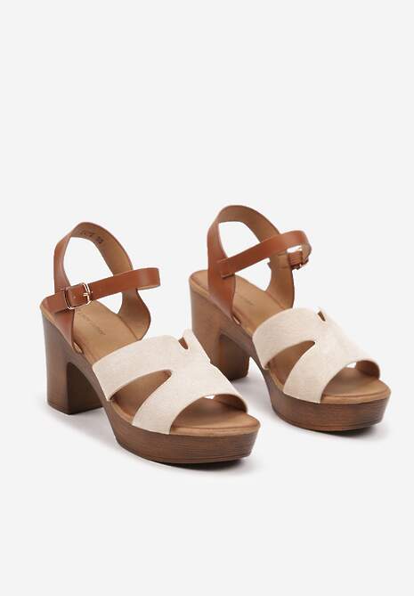 Beżowe Sandały na Grubej Podeszwie i Słupkowym Obcasie w Drewnianym Stylu Tinasura