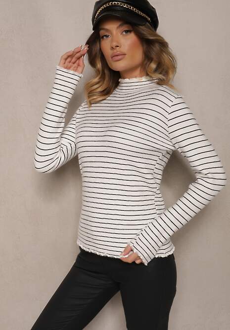 Biały Golf z Wełną Ozdobiony Paskami Vortirida