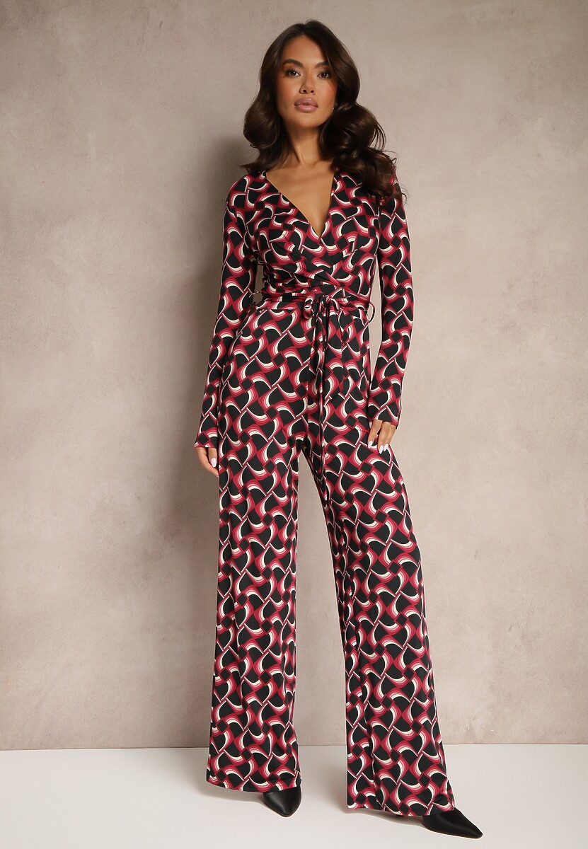 Bordowy Kopertowy Kombinezon z Wiskozą z Szerokimi Nogawkami i Paskiem w Geometryczny Wzór Botavia