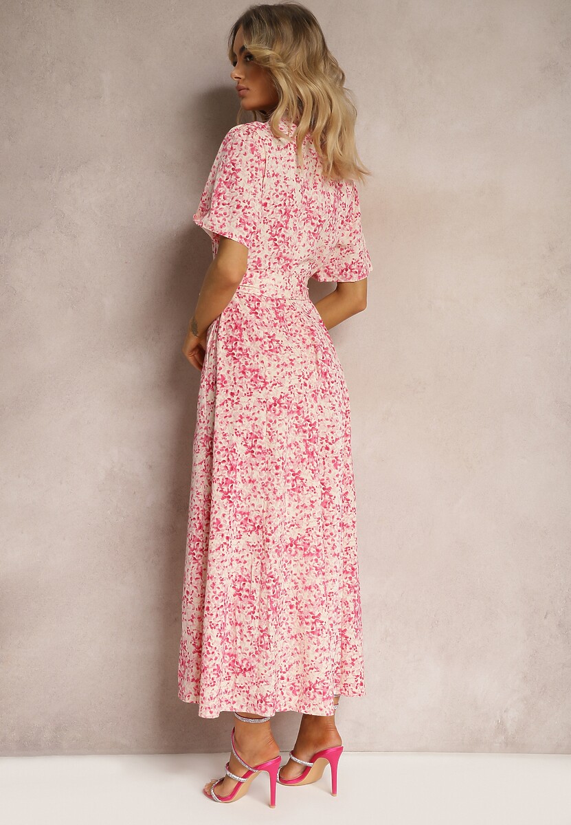 Różowa Sukienka o Koszulowym Kroju w Kwiaty z Materiałowym Paskiem Freria