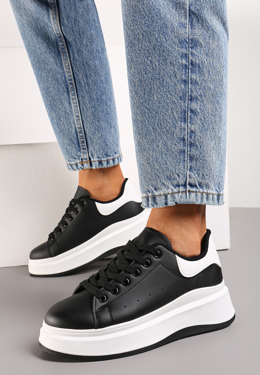 Czarne Sznurowane Sneakersy z Imitacji Skóry na Platformie Filamena