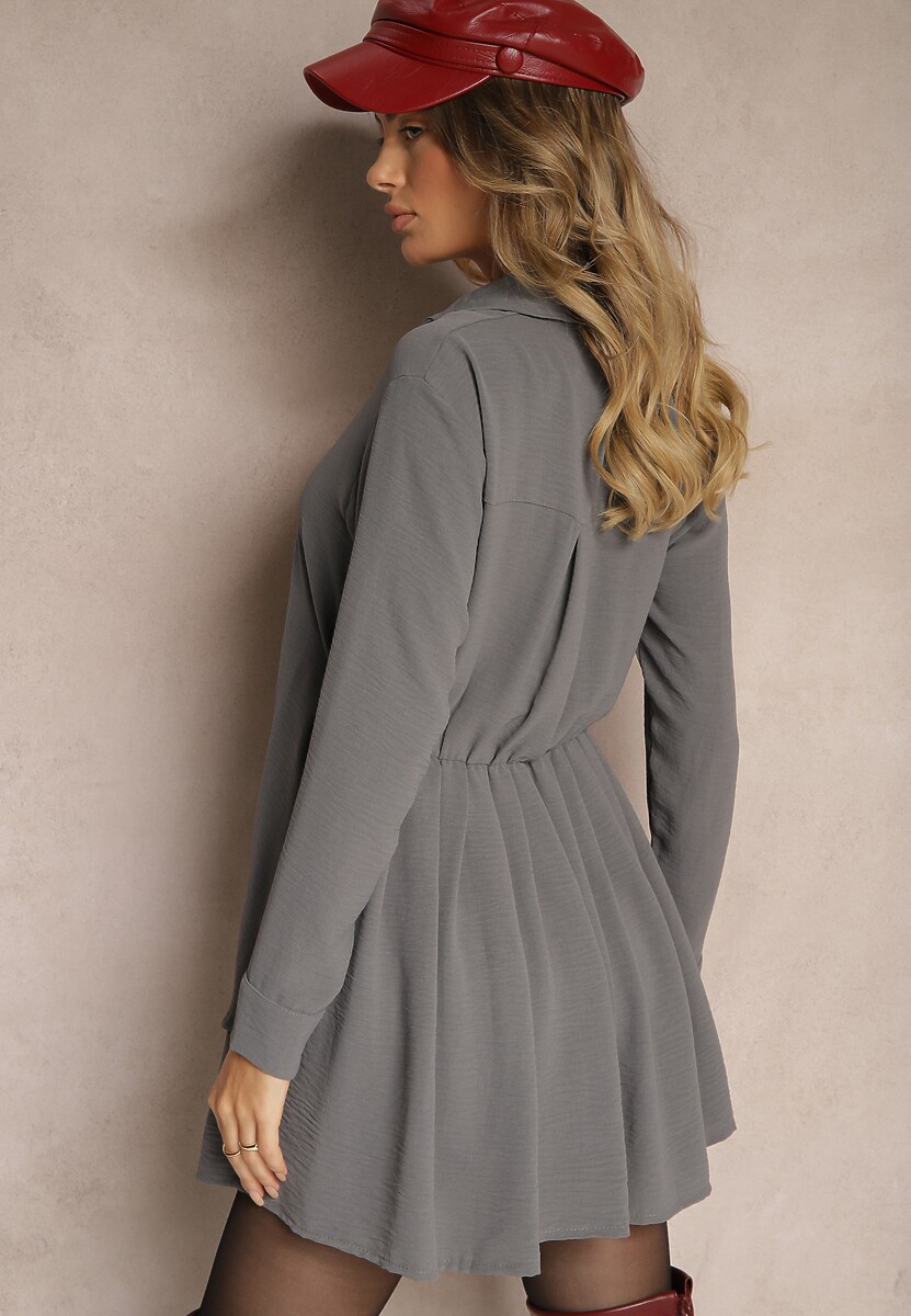 Szara Koszulowa Sukienka o Asymetrycznym Rozkloszowanym Kroju z Gumką w Talii Eloriana